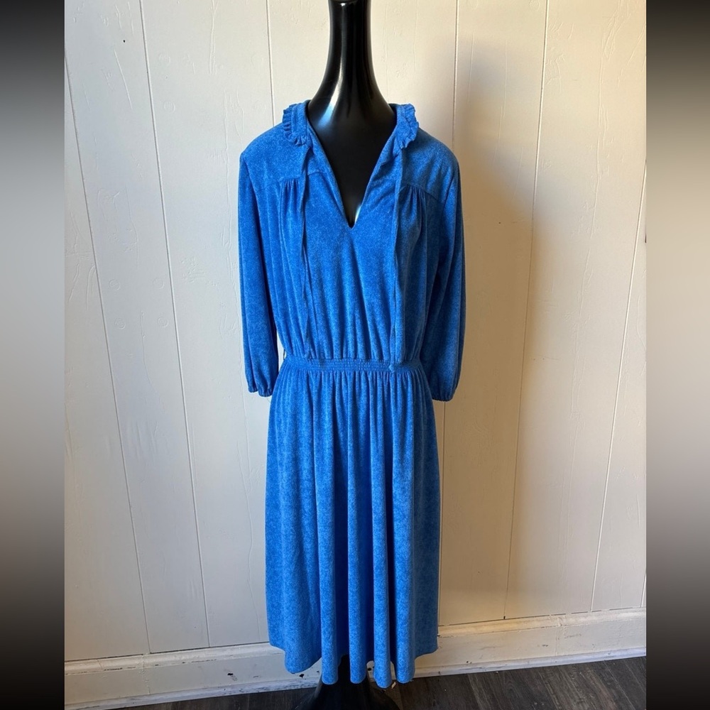 Blue A-Line Dress with Bishop Sleeves and Polo Collar